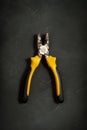 Pliers on dark background with copy space. Old rusty pliers isolated.