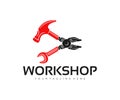 Pliers, hammer, wrench, workshop and auto repair shop, logo design. Repair, repairing, tools and mechanical, vector design