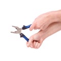 Pliers in the hand of a girl. Symbol of hard work, feminism and labor day. Isolate on white background