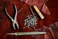 Pliers, nails, a file, an old rusty piece of metal Royalty Free Stock Photo