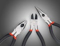 Pliers set. Diagonal cutting nippers and needle nose pliers. Stainless steel professional tools for woodworkin