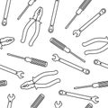 Pliers, wrench and screwdriver, silhouette on a white background. Seamless pattern.