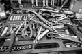 Pliers and wrenches on the table in the garage. Royalty Free Stock Photo
