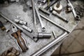 Pliers and wrenches on the table in the garage. Royalty Free Stock Photo