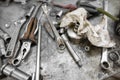 Pliers and wrenches on the table in the garage. Royalty Free Stock Photo