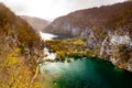 Plitvice Lakes National Park during colorful autumn, Croatia, Europe. Fall colors leafs on trees. Waterfalls and water in sunny