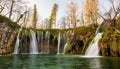 Plitvice Lakes National Park during colorful autumn, Croatia, Europe. Fall colors leafs on trees. Waterfalls and water in sunny