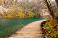 Plitvice Lakes National Park during colorful autumn, Croatia, Europe. Fall colors leafs on trees. Waterfalls and water in sunny