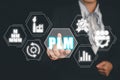 product lifecycle management concept, Business person hand touching product lifecycle management icon on virtual screen, Royalty Free Stock Photo