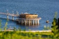 Plock, Poland, Europe - August 12, 2021. Pier over river Vistula ending by Molo Cafe refreshment
