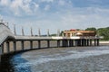 Plock, Poland, Europe - August 12, 2021. Pier over river Vistula ending by Molo Cafe refreshment