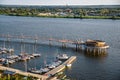 Plock, Poland, Europe - August 12, 2021. Pier over river Vistula ending by Molo Cafe refreshment