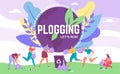 Plogging banner lets run to clear the world, vector illustration of people picking up litter during plogging eco