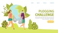 Plogging challenge, ecology bag with environment garbage vector illustration. Man woman jogging and pick up trash for