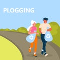 Plogging concept. Men and women jogging and collecting garbage. Couple of eco-volunteers clean the polluted environment