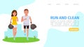 Plogging landing concept vector flat cartoon illustration with a runners. Cleaning garbage marathon or plogging eco