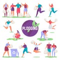 Plogging, people run and collect trash, plastic for recycling vector illustration set.