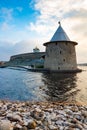 Ploskaya tower of Pskov Kremlin also Pskov Krom and the promenade of Pskova river Royalty Free Stock Photo