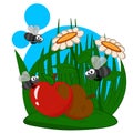 Plot illustration. Flies circle over rotten apples