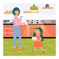 plot mother and daughter in the kitchen flat style Royalty Free Stock Photo