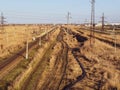 Plot railway. Top view on the rails. High-voltage lines for electric trains