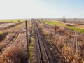 Plot railway. Top view on the rails. High-voltage lines for electric trains