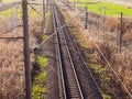 Plot railway. Top view on the rails. High-voltage lines for electric trains