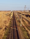 Plot railway. Top view on the rails. High-voltage lines for electric trains
