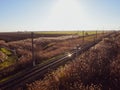 Plot railway. Top view on the rails. High-voltage lines for electric trains