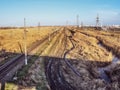 Plot railway. Top view on the rails. High-voltage lines for electric trains Royalty Free Stock Photo