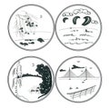 Set of stylized graphic summer romantic landscapes in circle frames