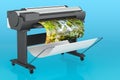Plotter, large format inkjet printer on blue background, 3D rendering Royalty Free Stock Photo