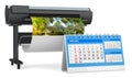 Plotter, large format inkjet printer with desk calendar, 3D rendering Royalty Free Stock Photo