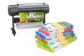 Plotter, large format inkjet printer with euro packs. 3D rendering Royalty Free Stock Photo