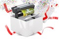 Plotter, large format inkjet printer inside gift box, 3D rendering Royalty Free Stock Photo