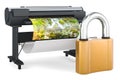 Plotter, large format inkjet printer with padlock, 3D rendering Royalty Free Stock Photo