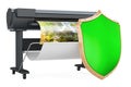Plotter, large format inkjet printer with shield, 3D rendering Royalty Free Stock Photo