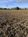 Ploughed field with furrows of soil and tree line