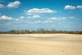 Ploughed sandy field, trees and blue sky