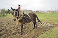 Ploughing the land in an old fashioned way Royalty Free Stock Photo