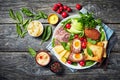 Ploughman`s lunch on a white plate, close-up