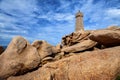Ploumanach Mean Ruz Lighthouse Between The Rocks In Pink Granite Coast, Perros Guirec, Brittany, France