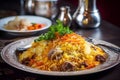 plov national uzbekistan food on the table of restaraunt