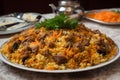 plov national uzbekistan food on the table of restaraunt