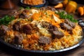 plov national uzbekistan food on the table of restaraunt