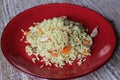 Plov. Vegan fresh tasty dish. rise with carrot, soya meat and garlic