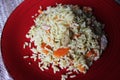 Plov. Vegan fresh tasty dish. rise with carrot, soya meat and garlic