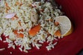 Plov. Vegan fresh tasty dish. rise with carrot, soya meat and garlic