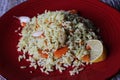 Plov. Vegan fresh tasty dish. rise with carrot, soya meat and garlic