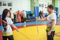 Kapap instructor Mitko Galabov teaches sticks fighting to female students